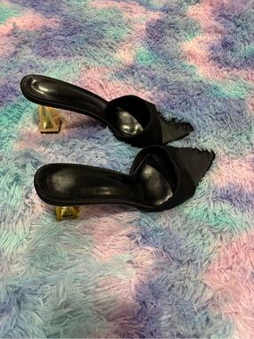 Black Pointed Mule Heels with Gold Block Heel